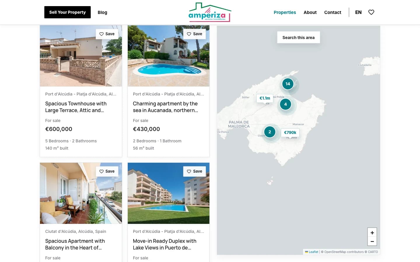 Sitio web de Amperiza mostrando su búsqueda de propiedades y una página de propiedad individual.