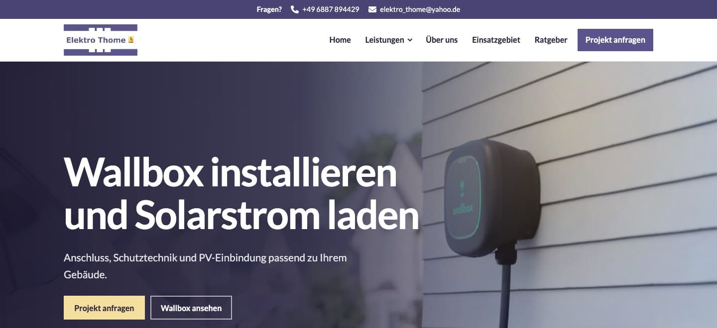 Página de inicio del sitio de Elektro Thome, con una instalación de wallbox