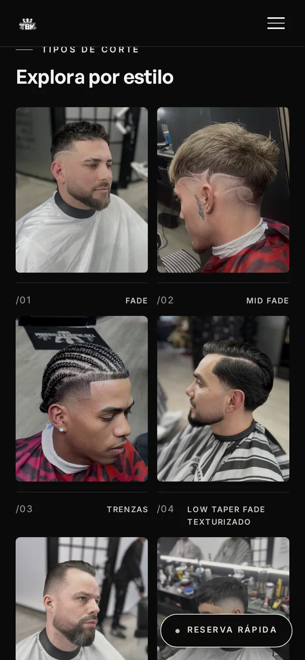 The Barber Kingdom gallery on a phone, showing four photographed cuts labelled fade, mid fade, braids and textured low taper fade.