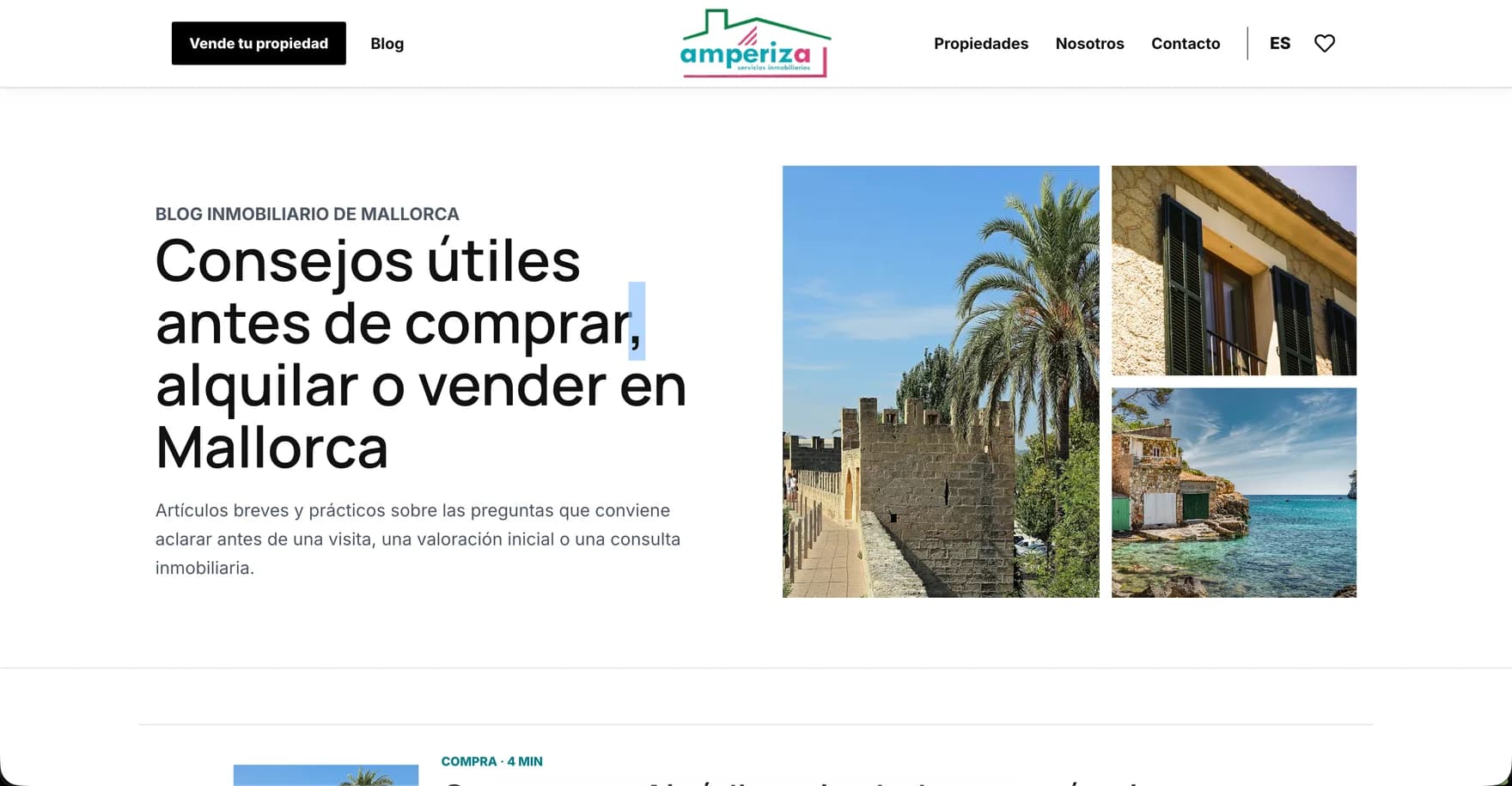 El índice del blog de Amperiza en una pantalla de escritorio, encabezado por consejos para comprar, alquilar o vender en Mallorca, junto a tres fotografías de la isla.