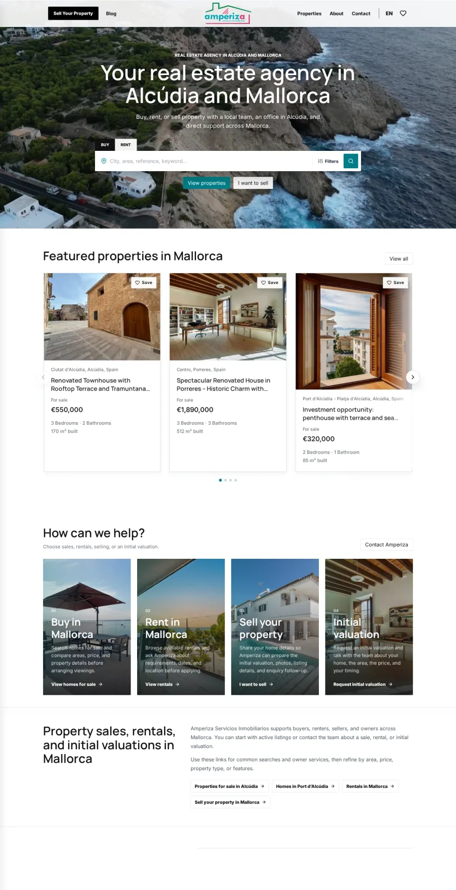 Sitio web inmobiliario personalizado con búsqueda de propiedades enfocada, viviendas destacadas y vías separadas para compra, alquiler, venta y valoración
