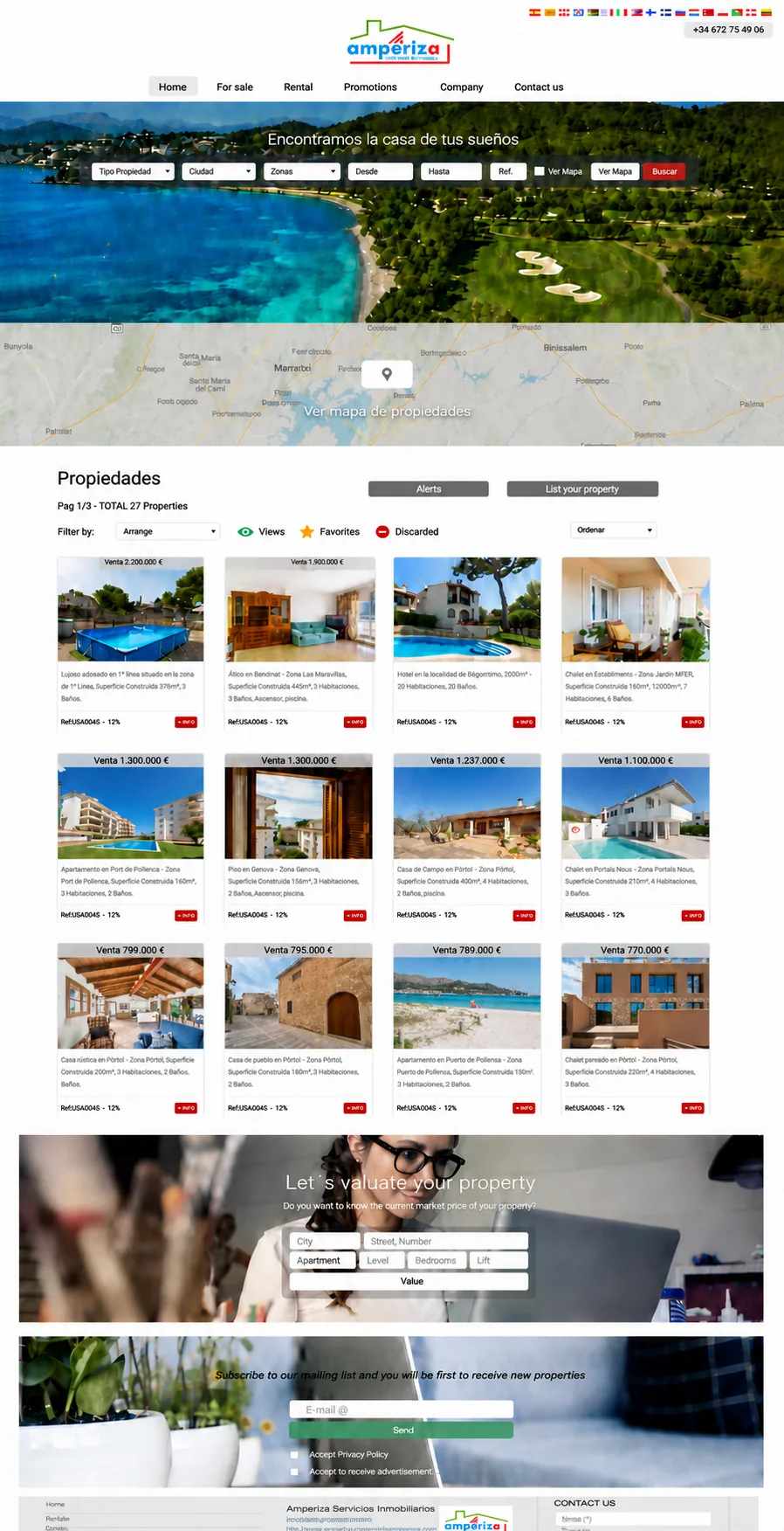 Sitio de ejemplo con plantilla configurada de Inmovilla, con búsqueda de propiedades, un mapa y una cuadrícula de propiedades a cuatro columnas