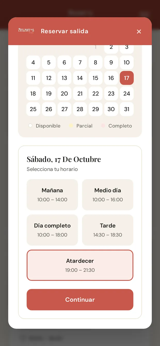 Der Buchungskalender von Atlantis Charters auf einem Smartphone, mit einem ausgewählten Samstag im Oktober und den dafür angebotenen Ausfahrten am Vormittag, über einen halben Tag, über den ganzen Tag, am Nachmittag und zum Sonnenuntergang.